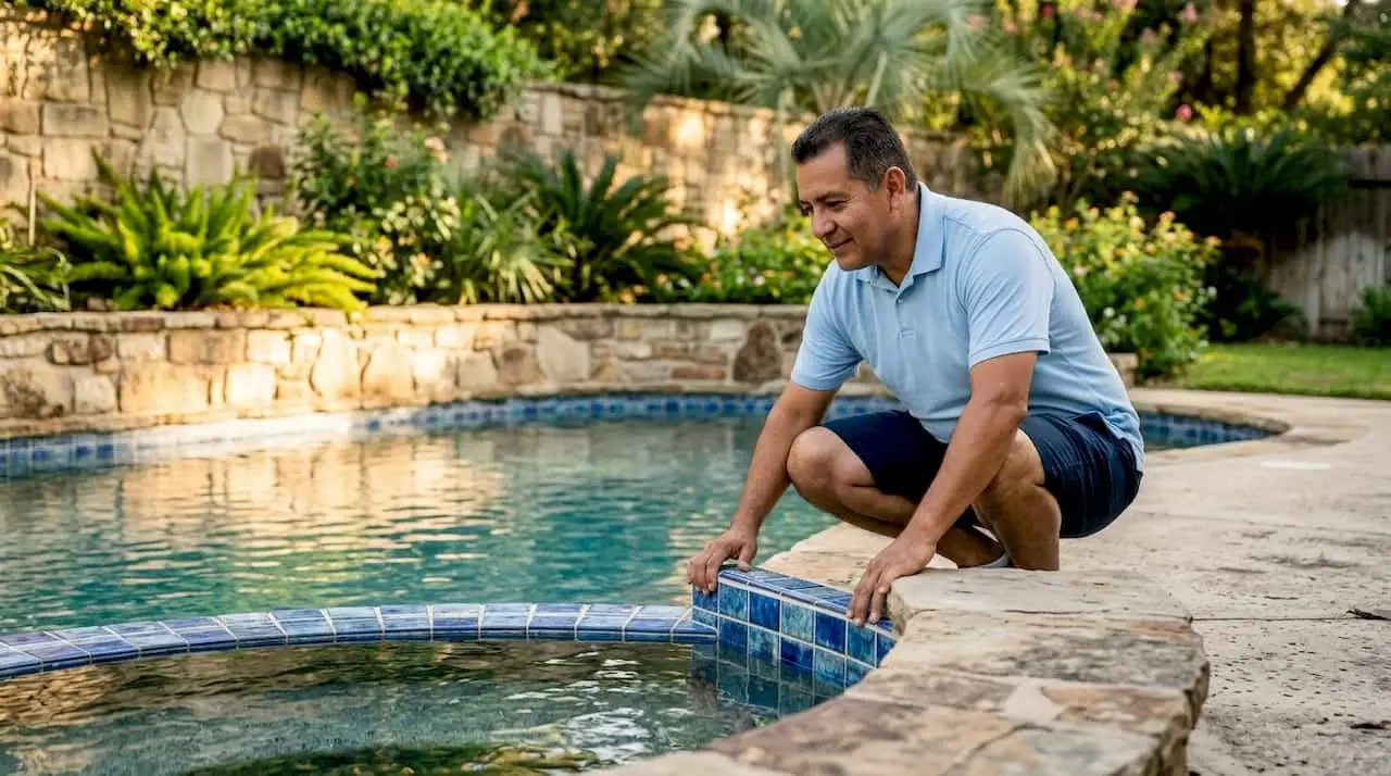 Homeowner examining pool waterline tile outdoors