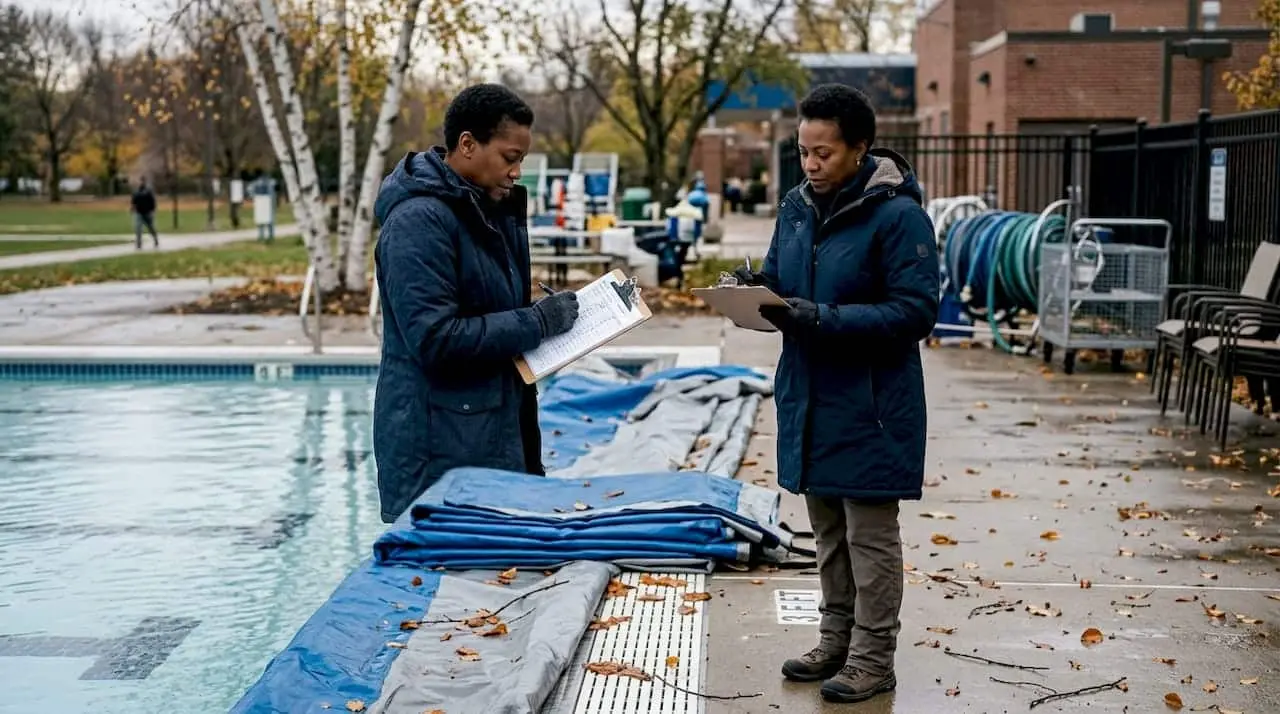 Facilities manager inspecting commercial pool winterization