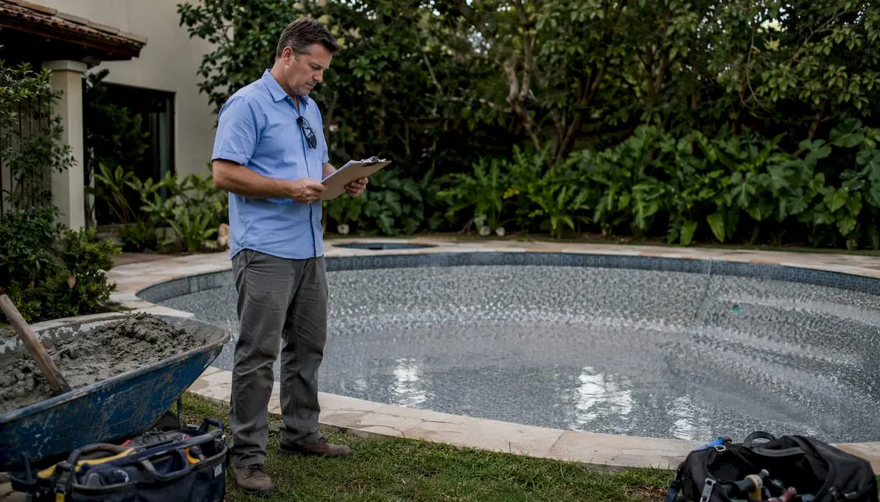 Pool contractor reviewing resurfacing materials