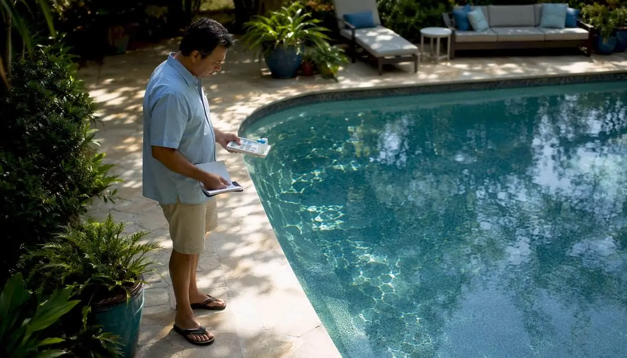 Homeowner inspecting pool surface by edge