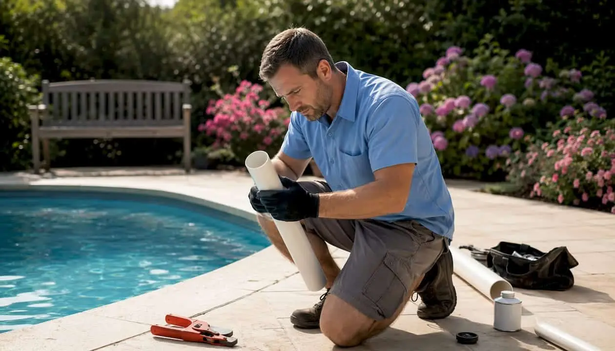 Technician inspecting white PVC pipe near pool