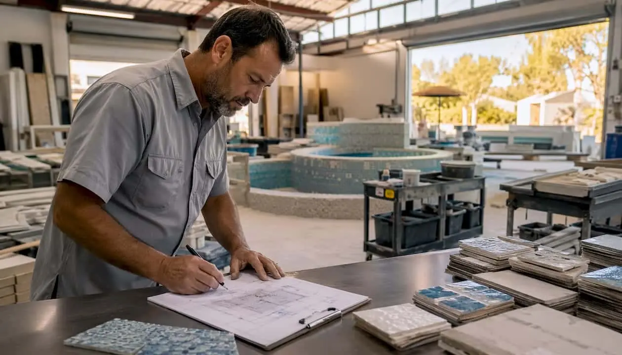 Pool contractor reviewing pool construction plans