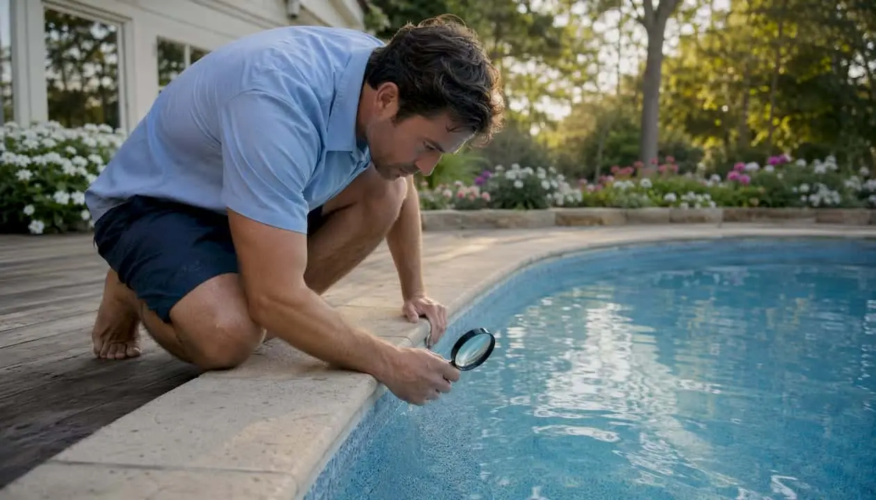 Pool contractor inspecting textured pool surface