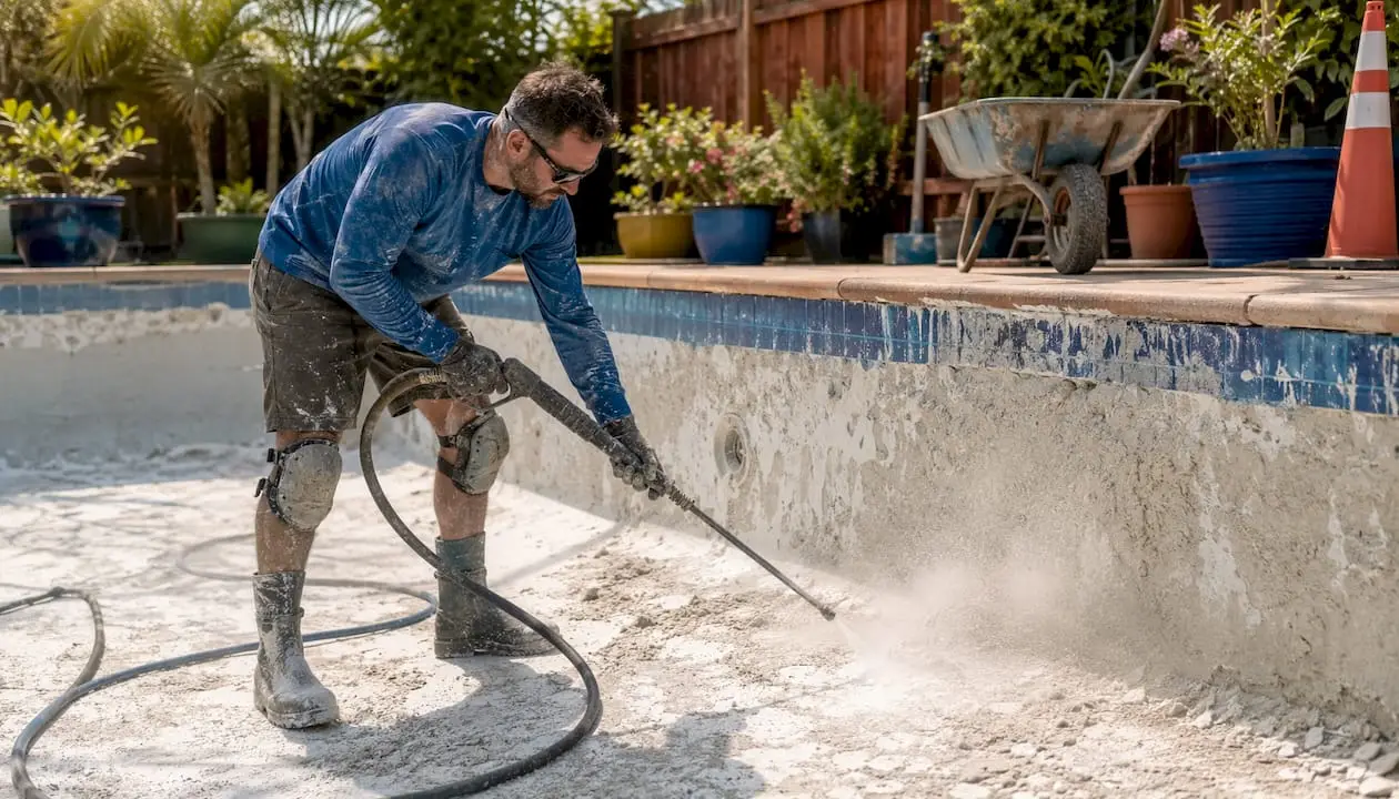 Pool technician using water blaster in empty pool
