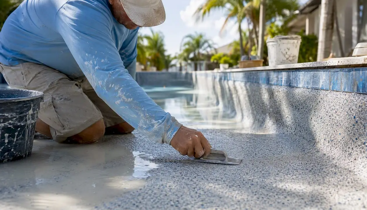 Technician applying pebble finish to pool surface