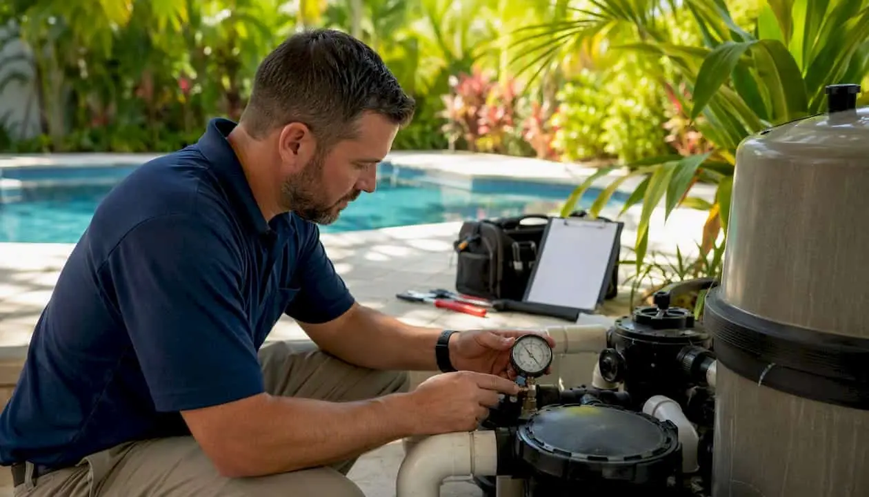 Technician measuring pool filter pressure gauge