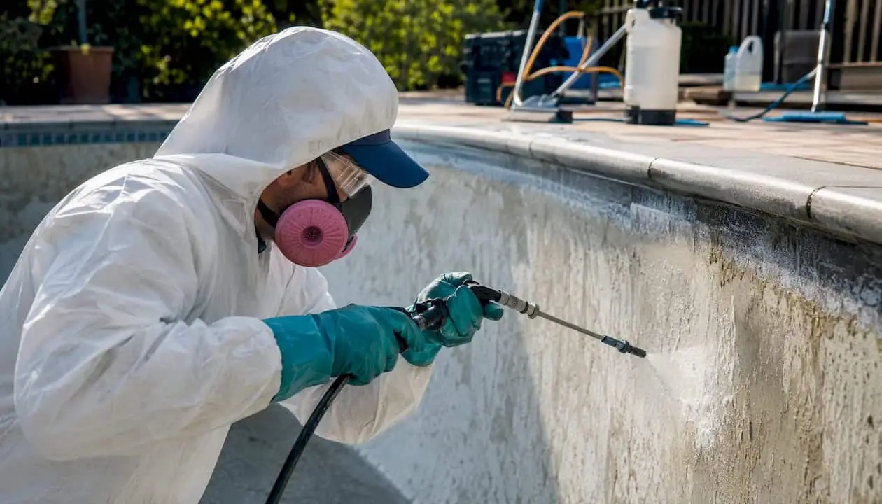 Technician acid washing plaster pool surface