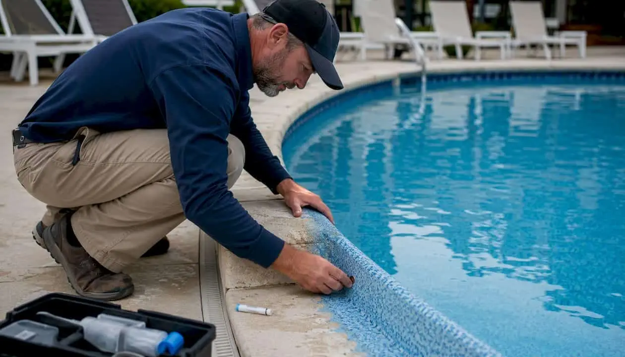 Technician testing pool surface for delamination