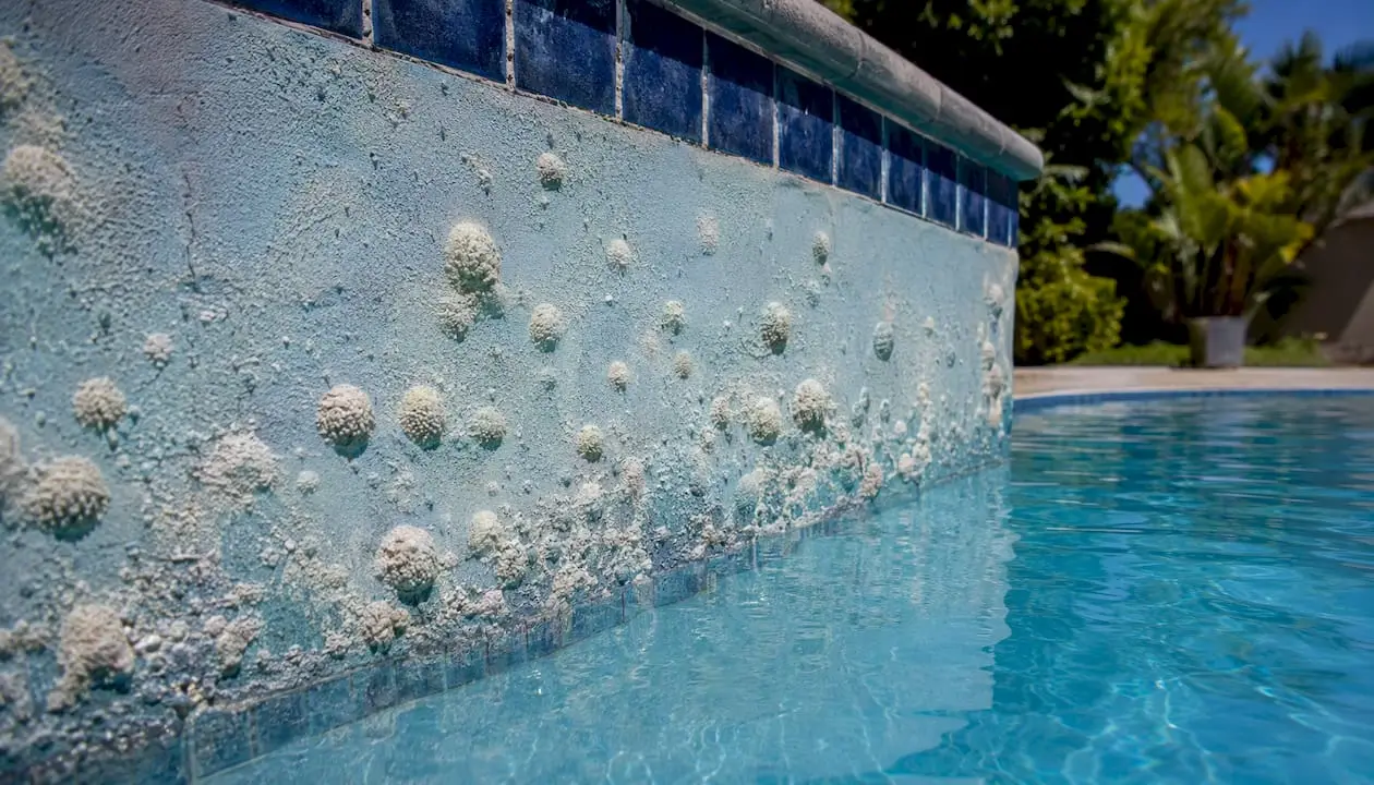 Close-up of calcium nodules on pool plaster surface