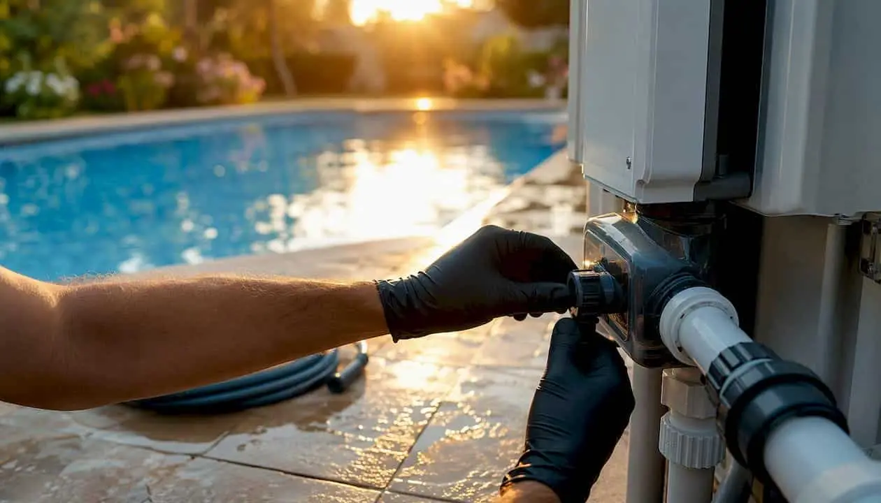 Technician adjusting salt-chlorine generator beside pool