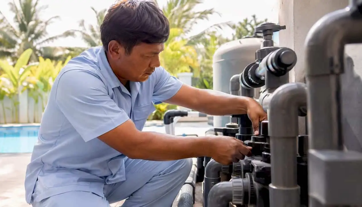 Technician performing commercial pool equipment maintenance