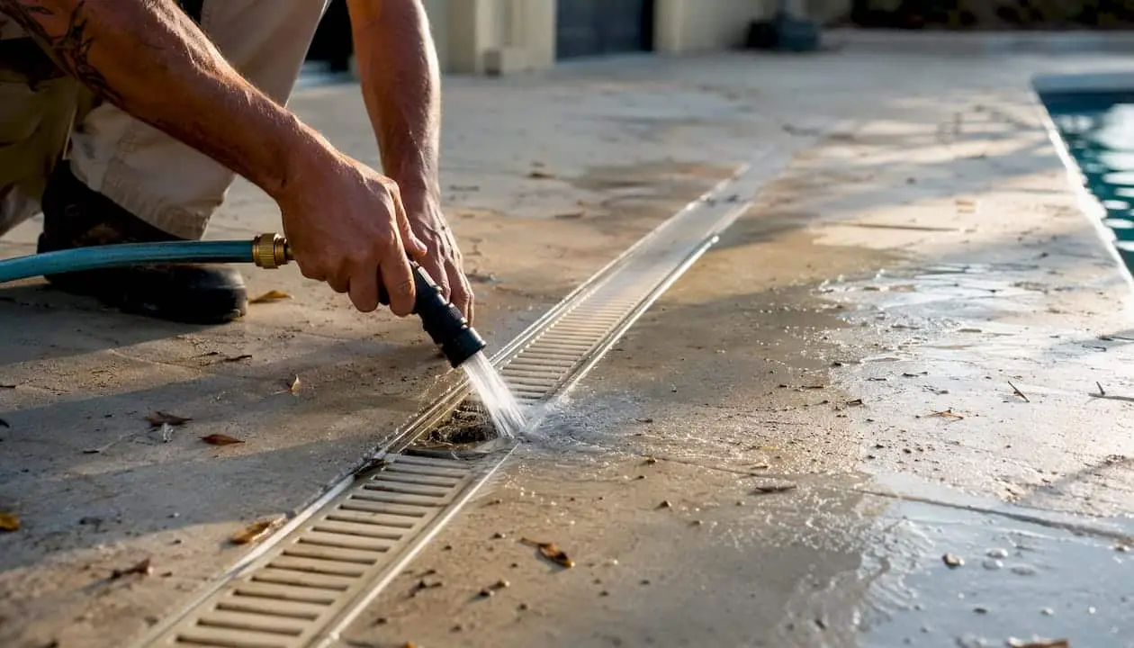 Hands flushing pool deck slot drain with hose