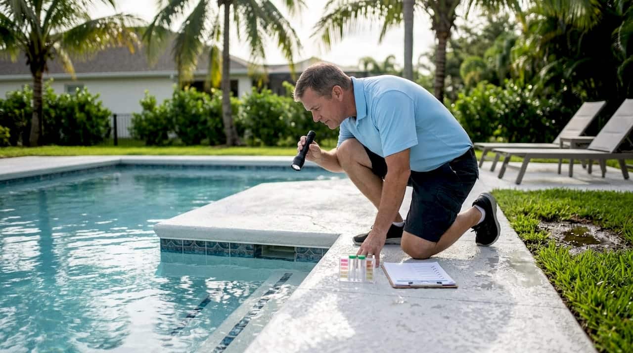 Technician inspecting pool for leaks