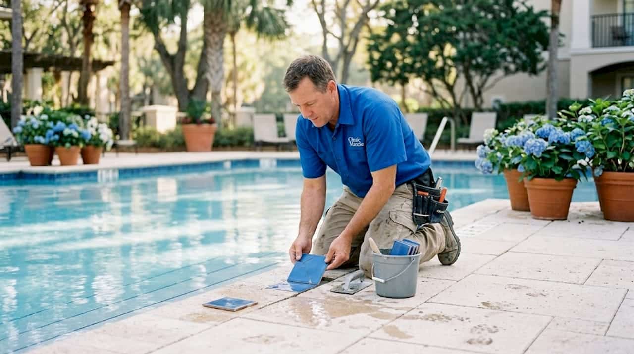 Technician repairing tile at commercial pool edge