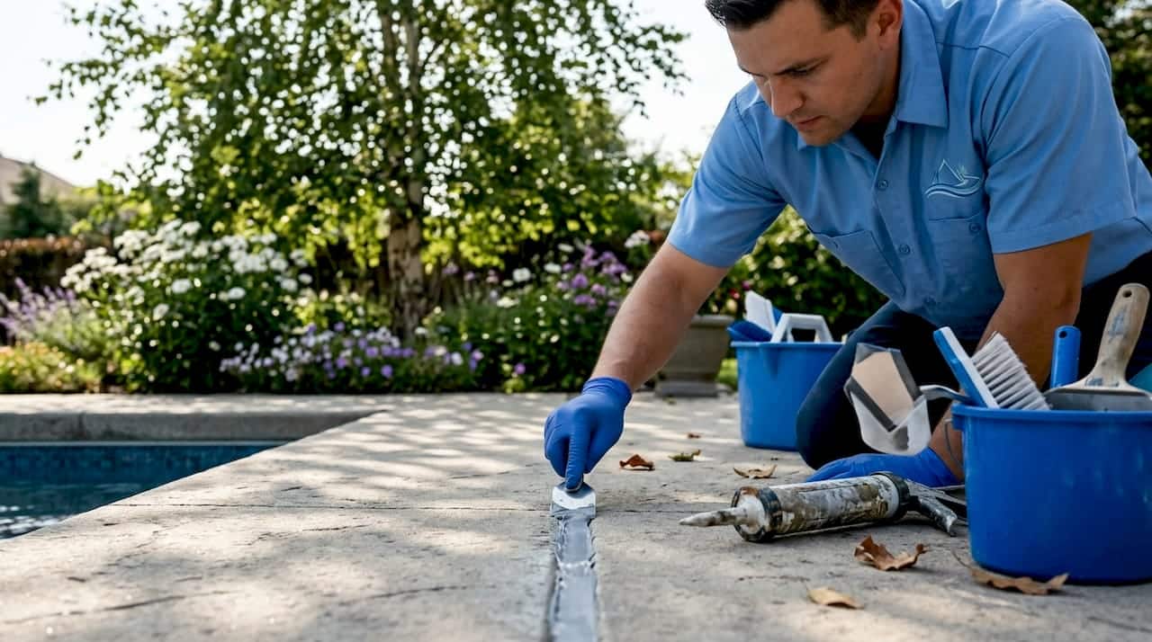 Technician applying pool mastic sealant