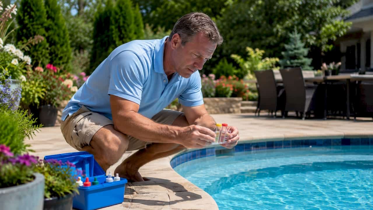Technician testing pool water chlorine levels