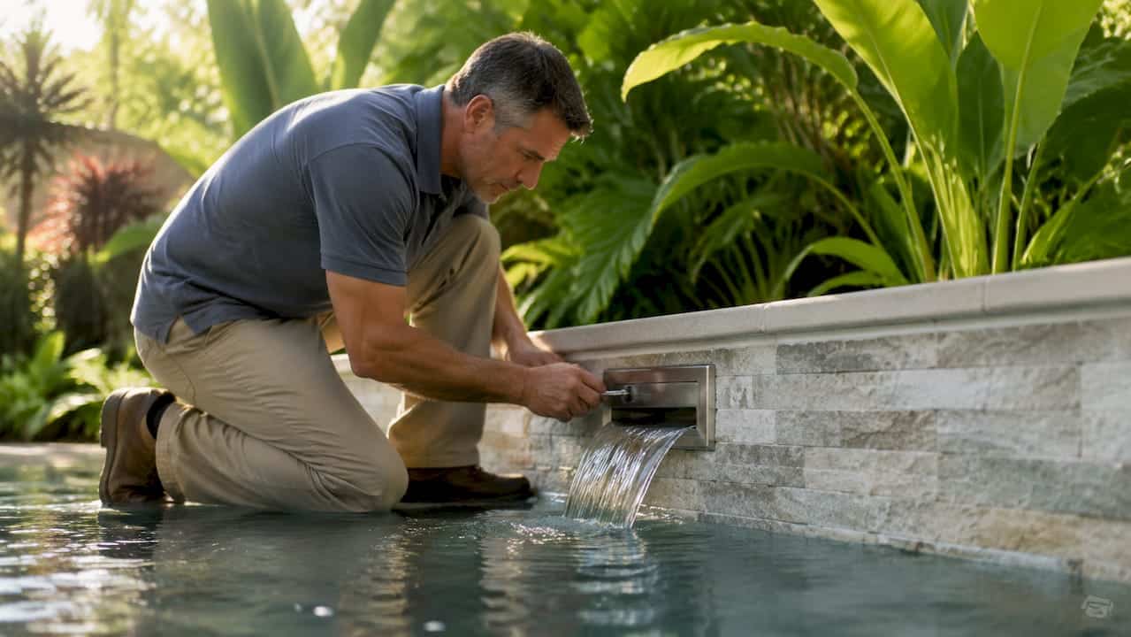 Man adjusting pool scupper on pool wall