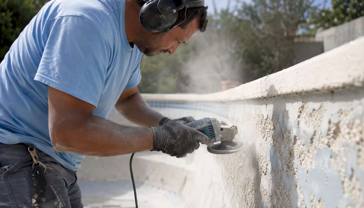 Close-up of worker grinding pool surface