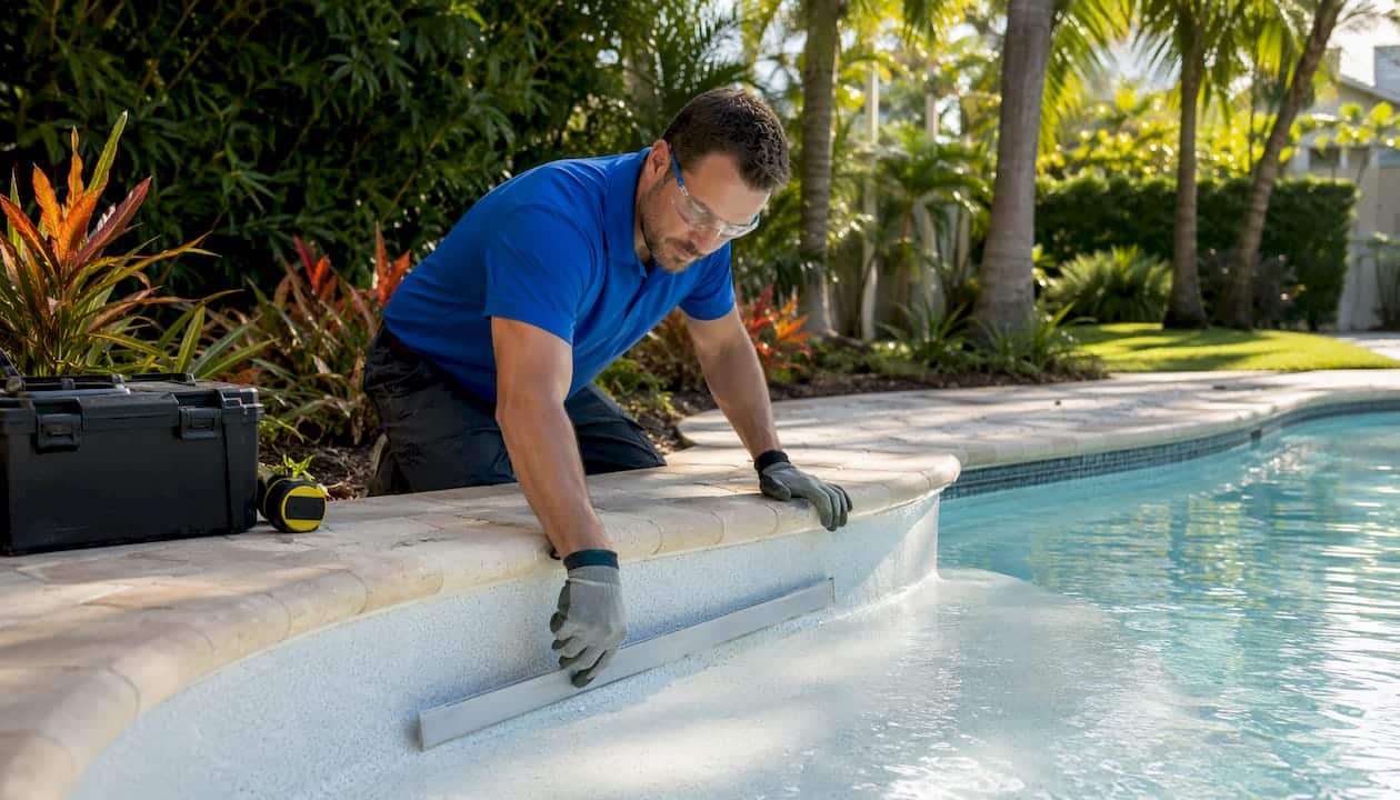 Contractor inspecting Florida pool surface detail