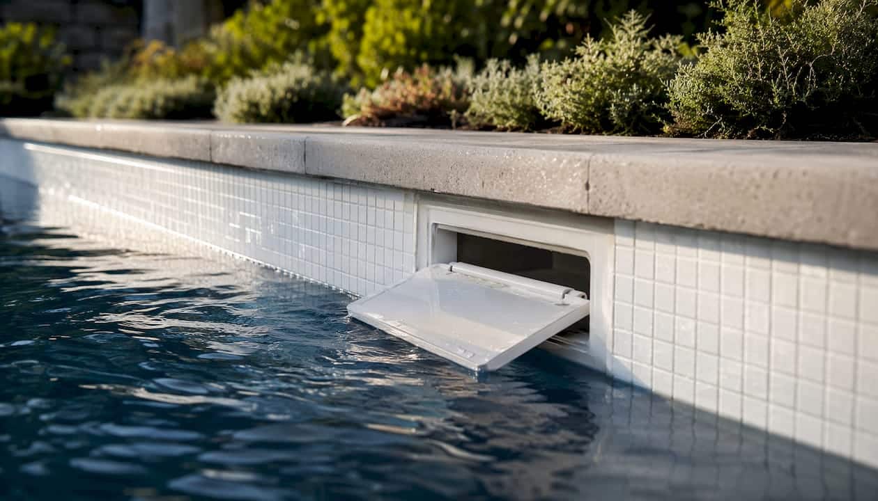 Close-up overhead of pool skimmer with weir door