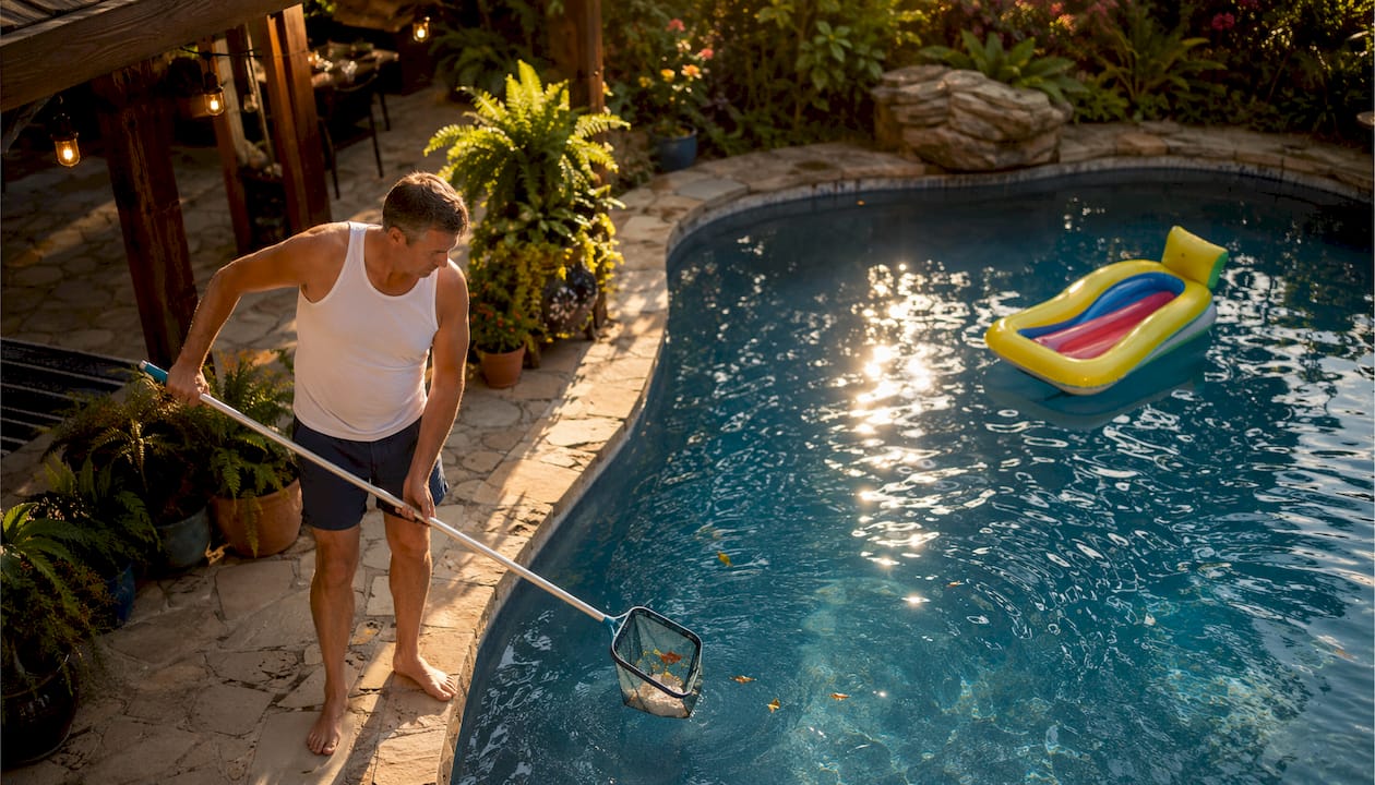 Man cleaning pool surface with skimmer net