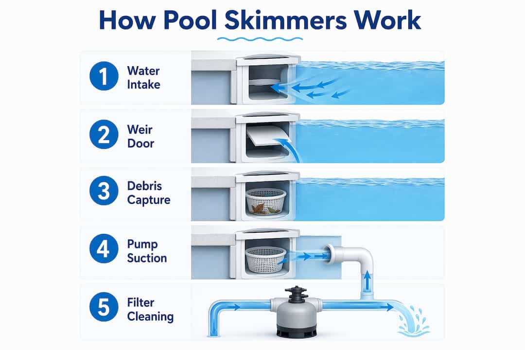Infographic showing pool skimmer operation steps