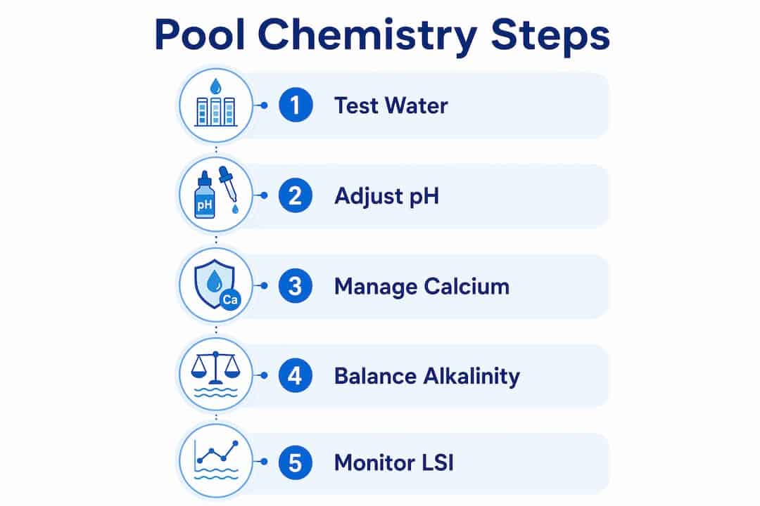 Vertical flow infographic showing steps to balance pool chemistry