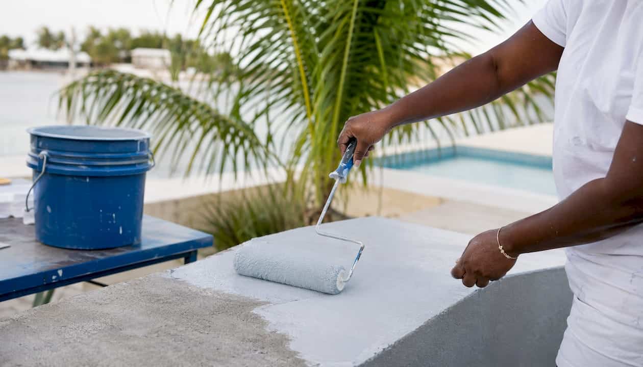 Applying acrylic cool deck coating on pool deck