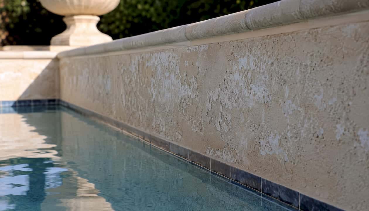 Close-up of pool plaster surface damage and scaling