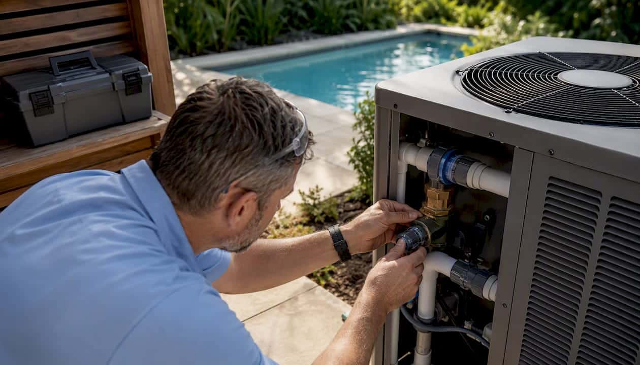 Technician maintaining pool heat pump coil