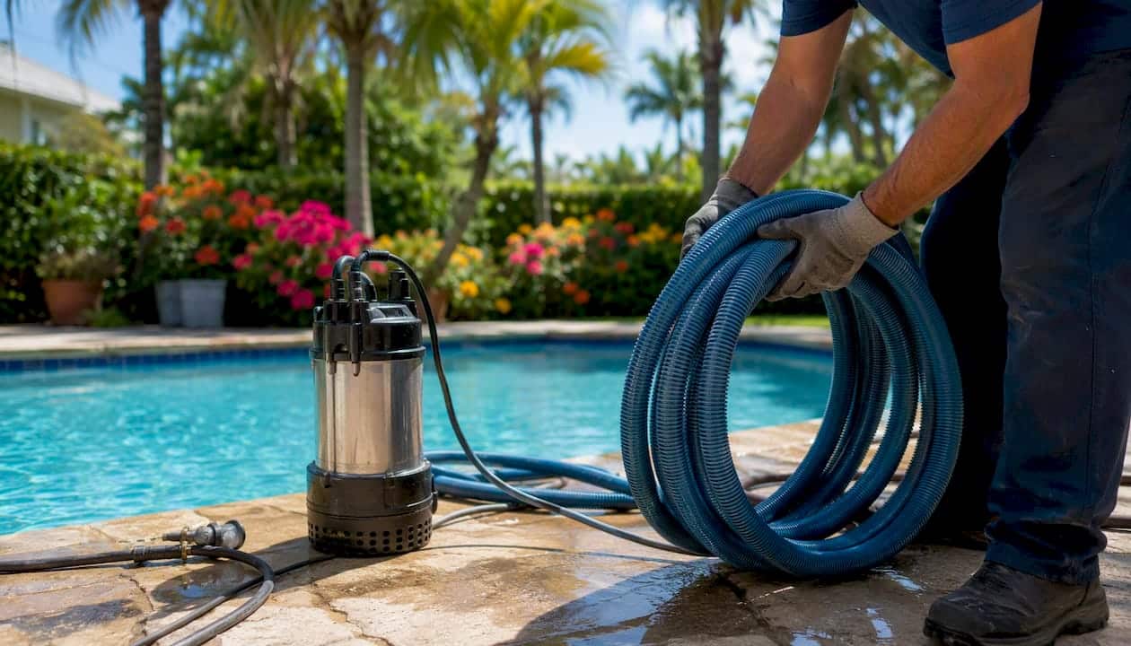 Close-up of professional attaching pool pump hose