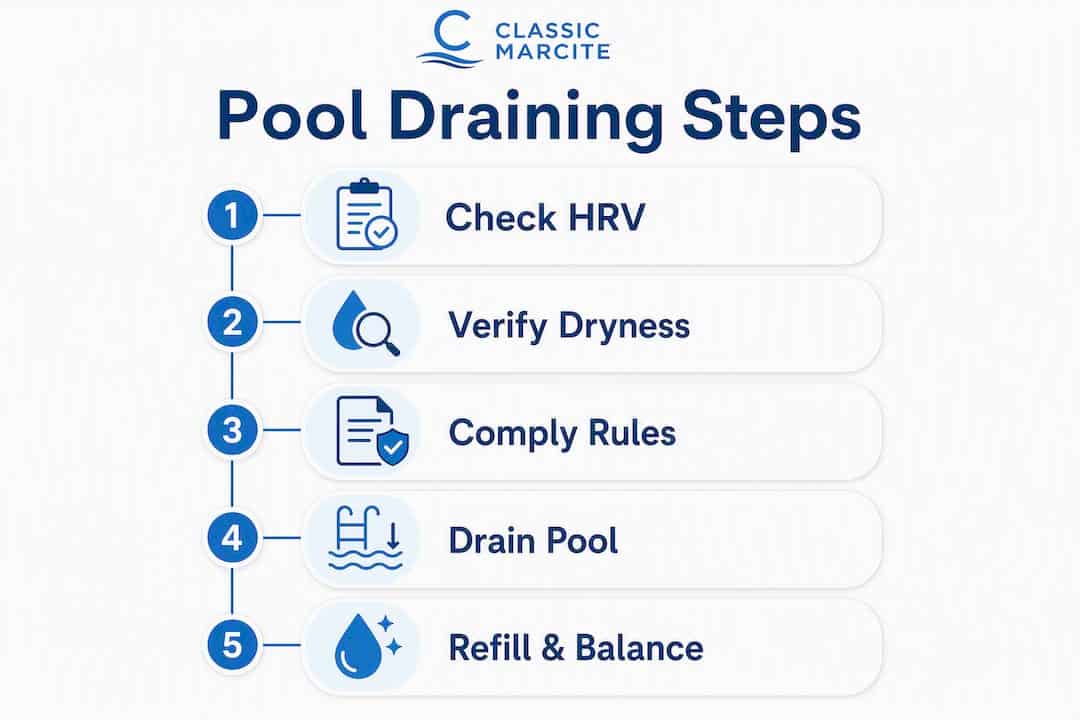 Infographic showing five steps for safe pool draining
