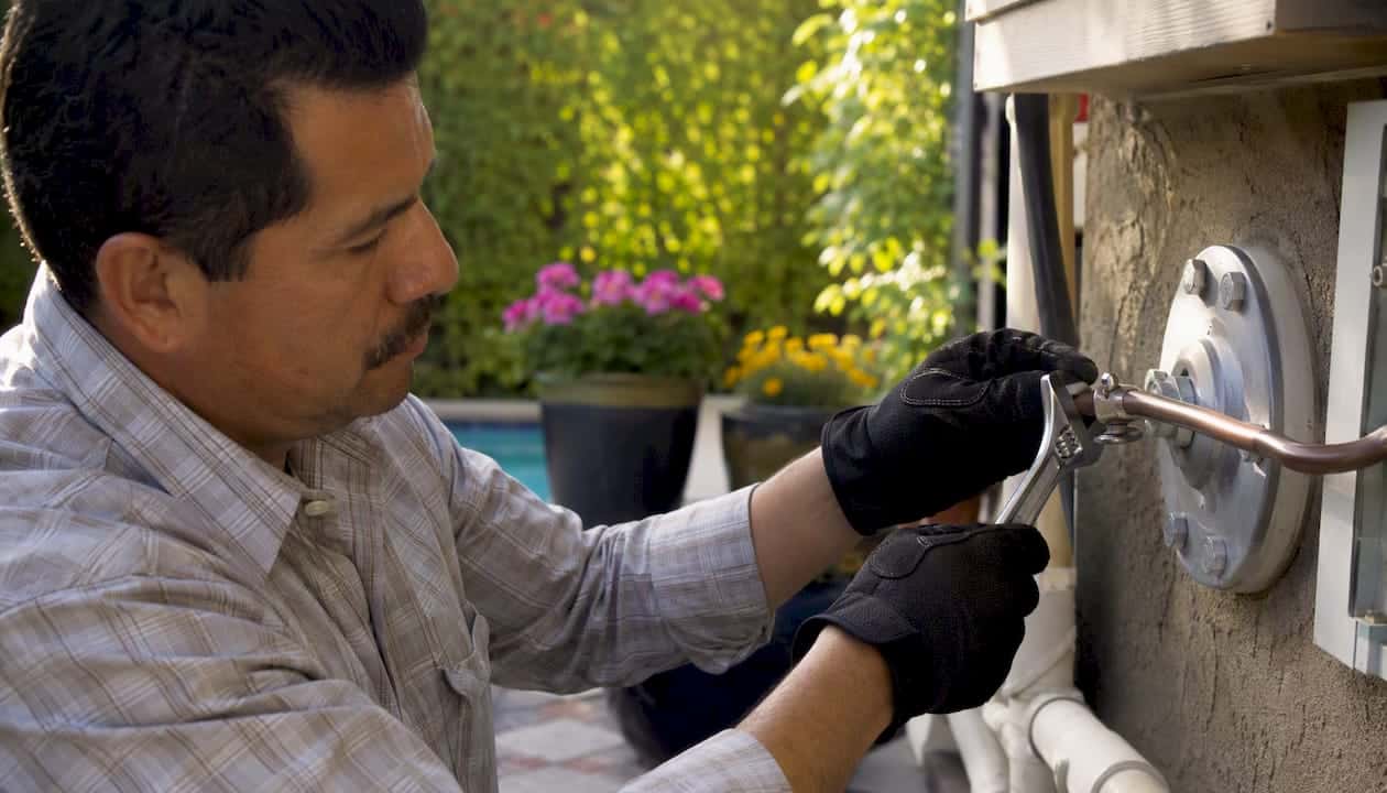 Close-up of worker installing pool bonding connection