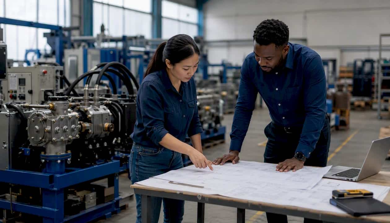 Engineers comparing hydroblasting pressure equipment overhead