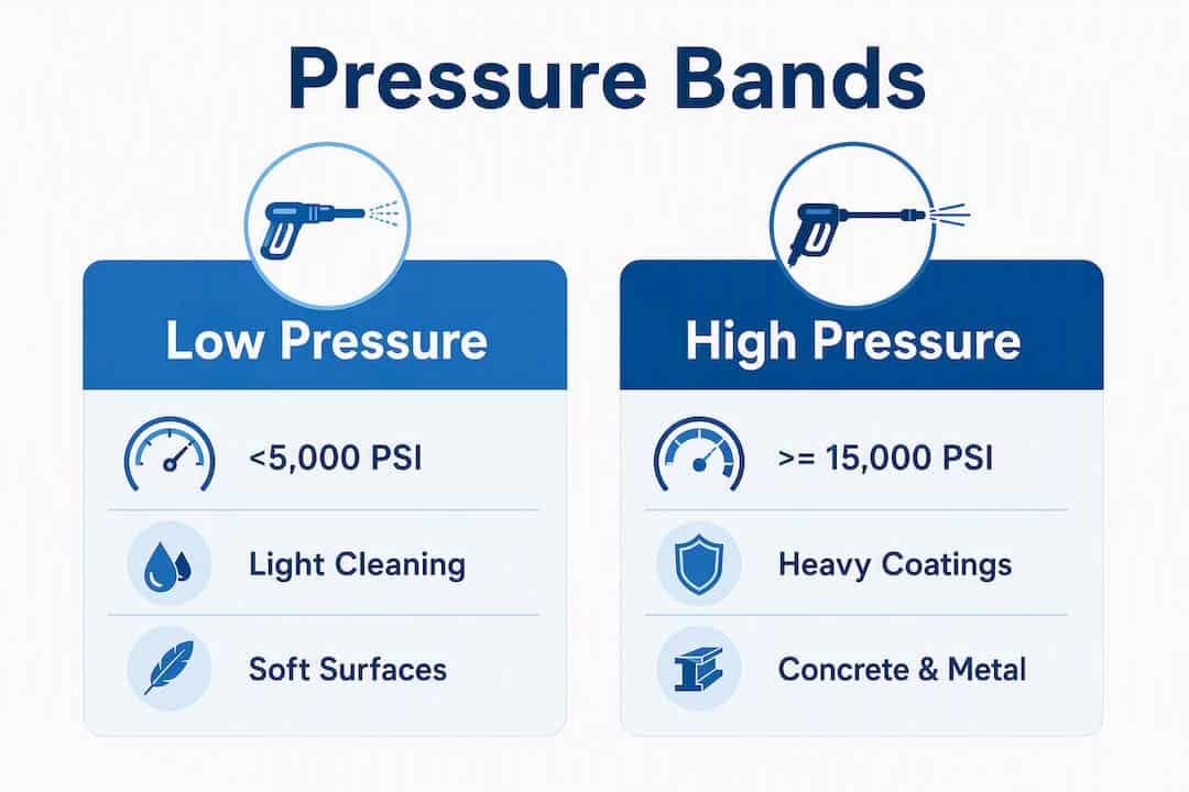 Infographic comparing hydroblasting pressure bands and uses