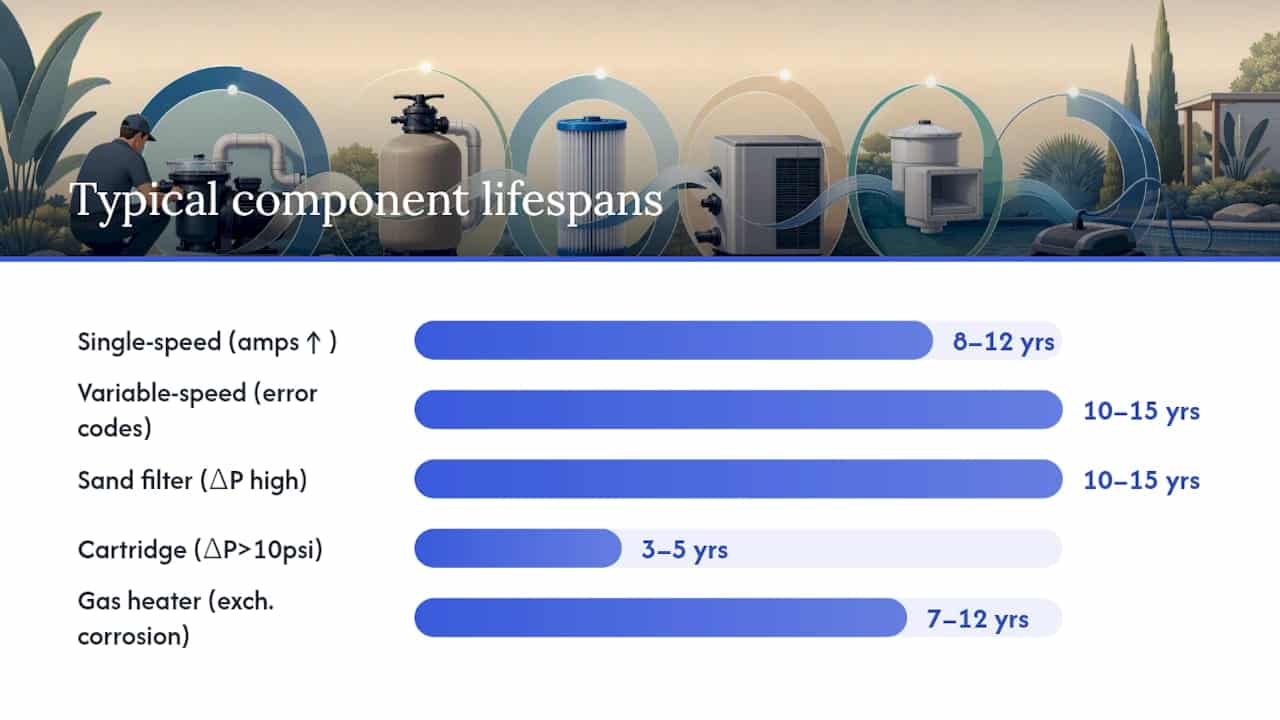 Diagram charting pool equipment lifespans and early failure signs