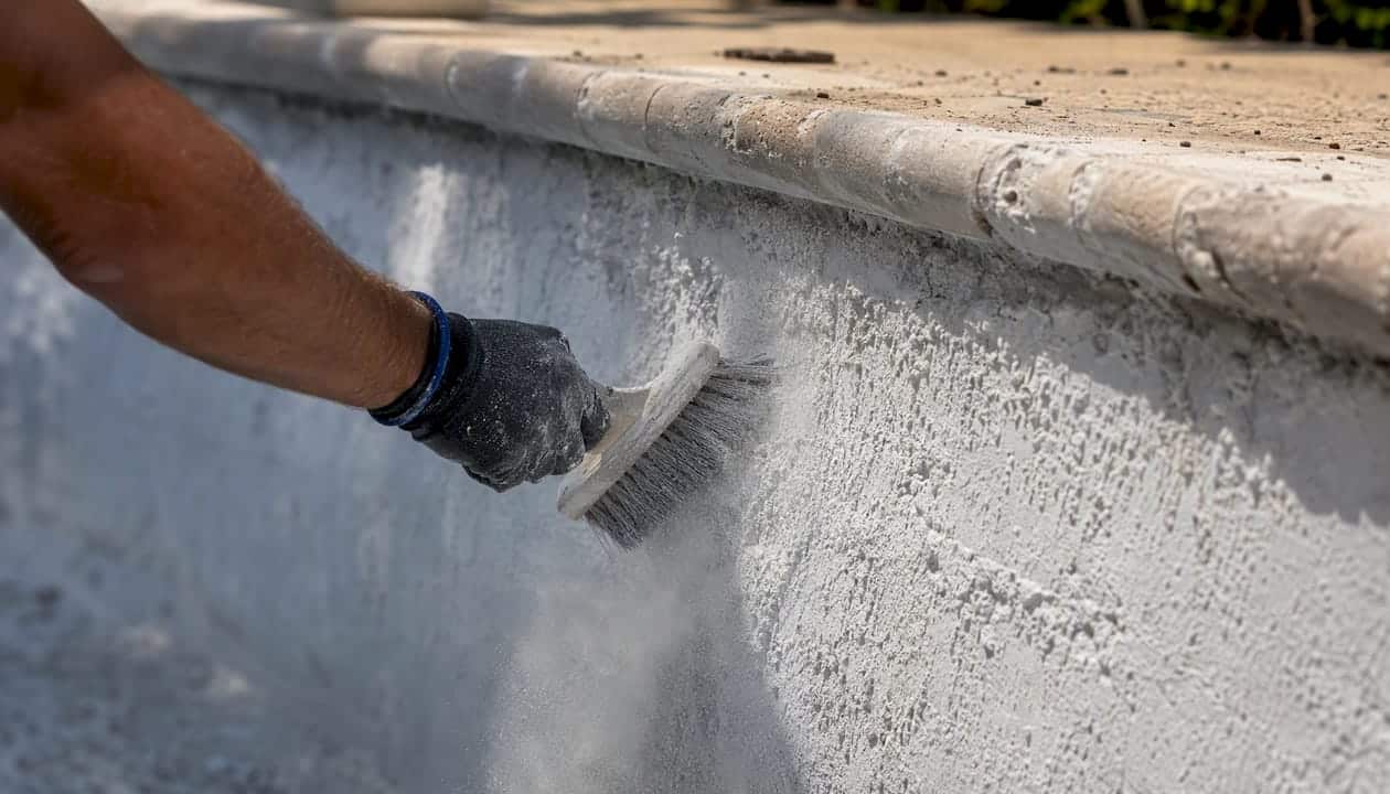 Gloved hand rubbing dusty pool plaster surface