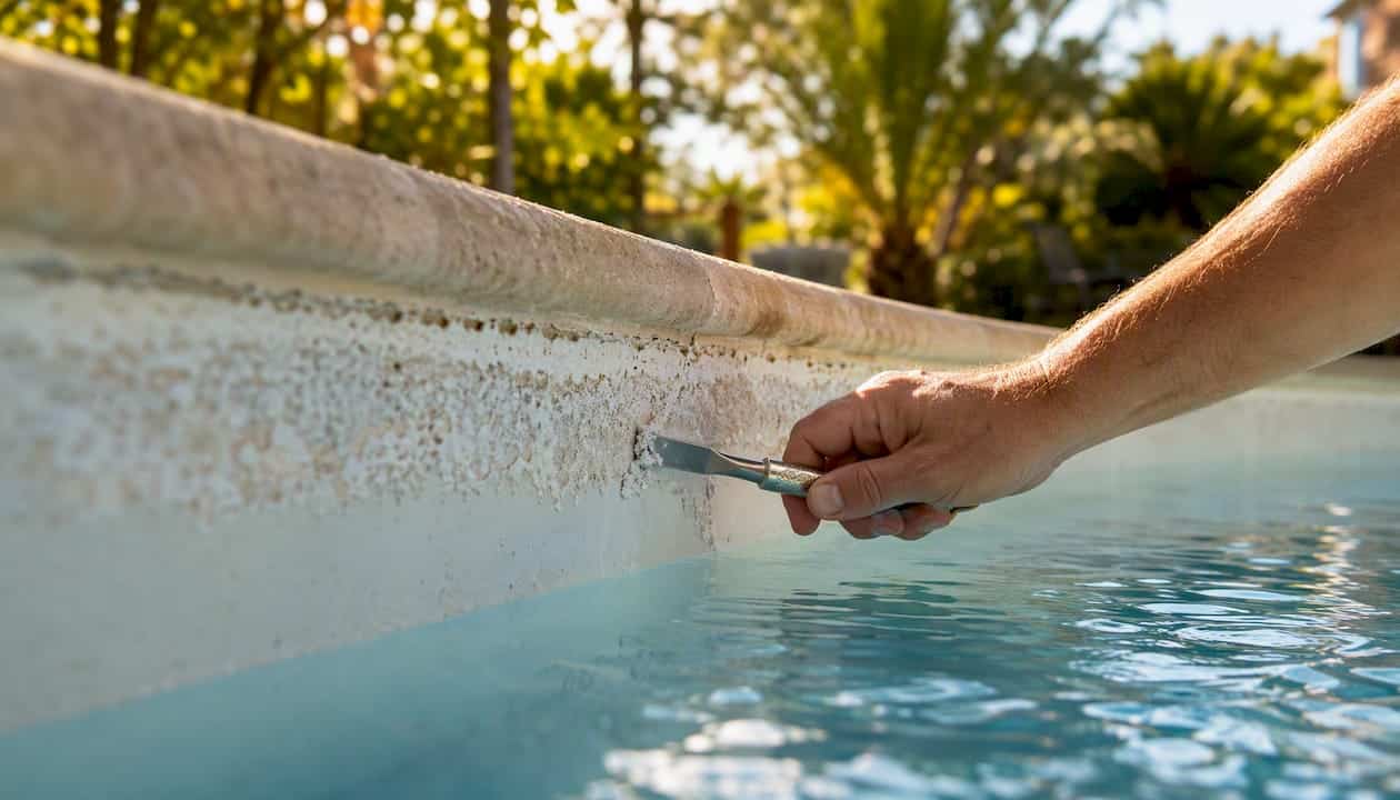 Hand scratch testing calcium deposit on pool plaster