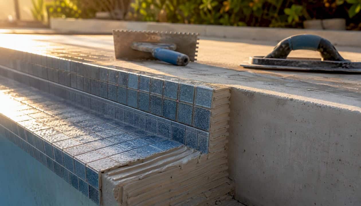 Porcelain tiles installed on pool step edge
