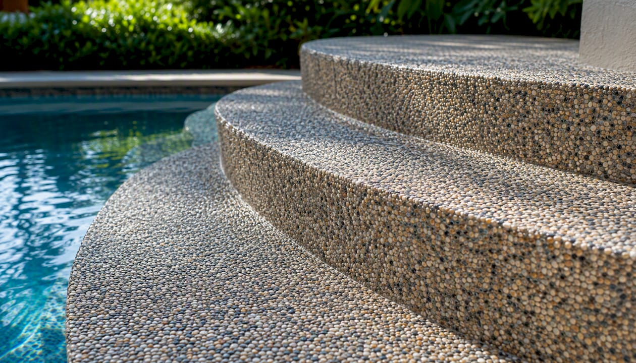 Close-up of pebble finish on pool steps