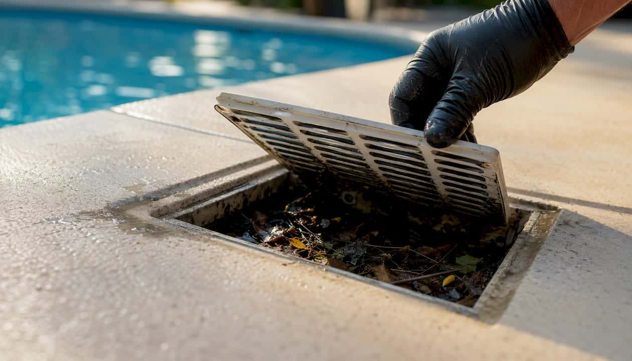 Gloved hand lifting pool deck drain grate