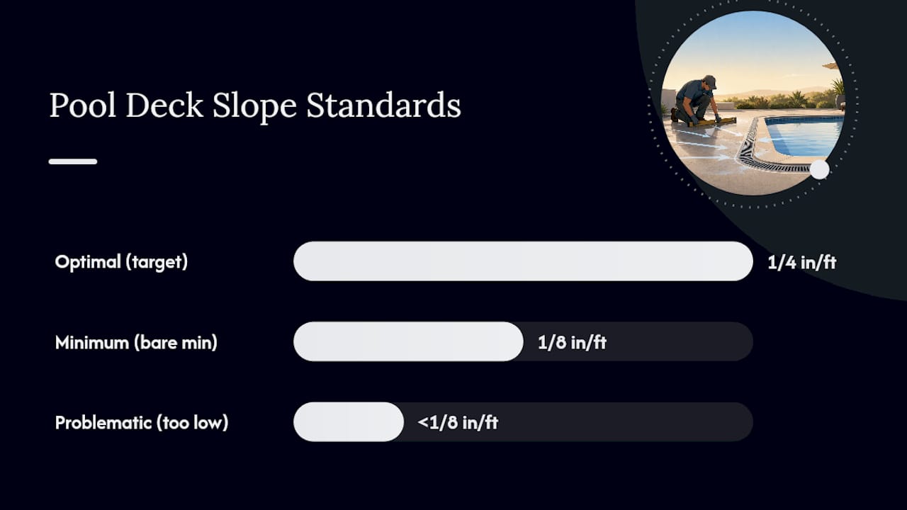 Diagram comparing pool deck drainage slope recommendations