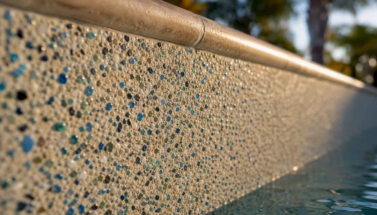 Close-up of textured pebble pool wall in sunlight