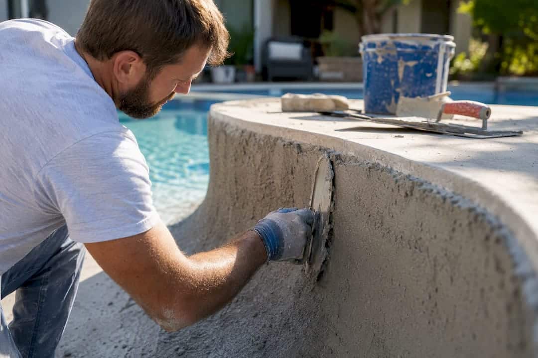 Technician troweling rough pool surface edge