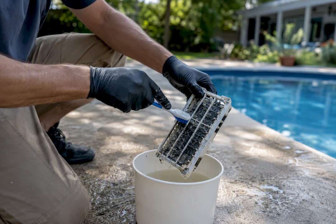 Technician cleaning salt chlorine generator cell