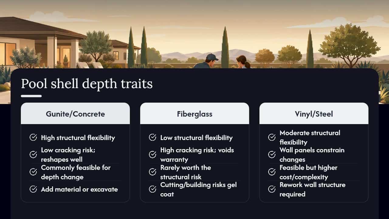 Diagram comparing pool shell types for depth change suitability