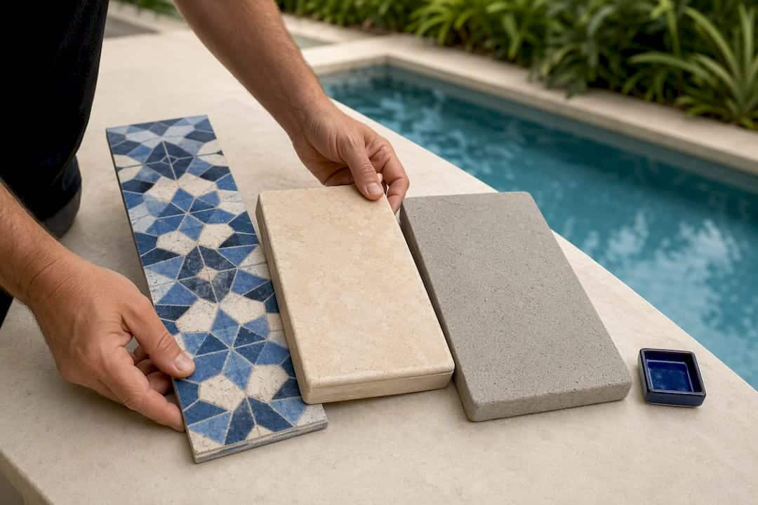 Pool tile coping and decking samples