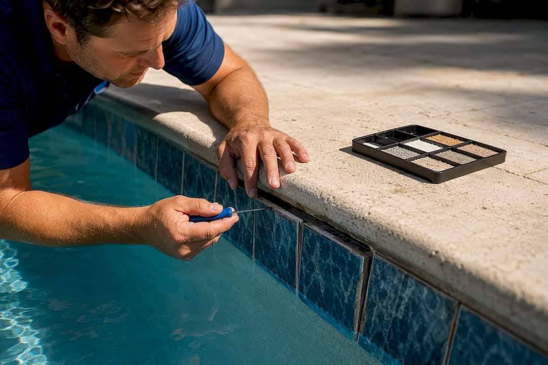 Technician inspecting lifted pool waterline tile