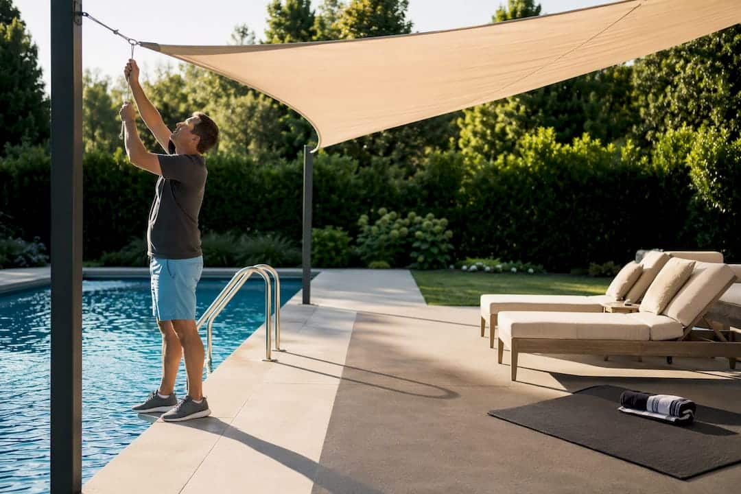 Shade sail covering a pool deck walkway
