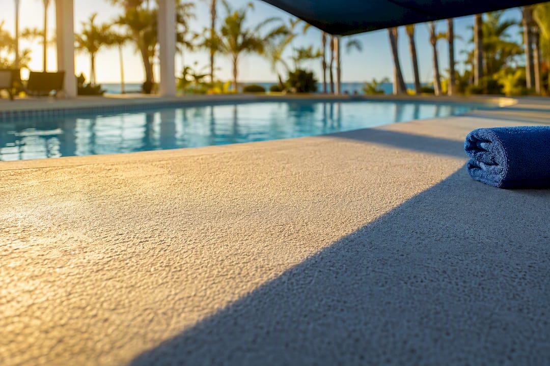 Sunlit pool deck divided by shade